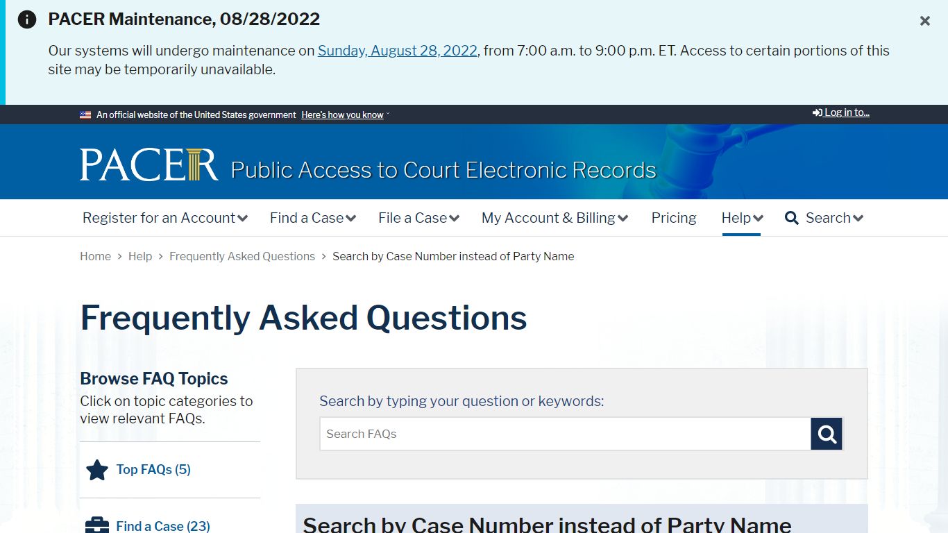 Search by Case Number instead of Party Name - PACER